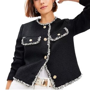 Ann Taylor Loft NWT Black Tweed White Mixed Trim Collarless Cropped Suit Jacket